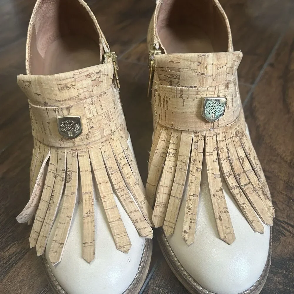 Rutz Walk in Cork Ankle Heel Boots Tan Fringe Womens 36 Side Zip
